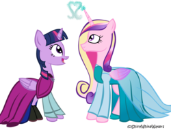 Size: 1022x781 | Tagged: safe, artist:sketch-shepherd, princess cadance, twilight sparkle, alicorn, pony, g4, anna, clothes, cosplay, dress, duo, elsa, female, frozen (movie), mare, simple background, transparent background, twilight sparkle (alicorn)