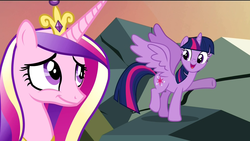Size: 1920x1080 | Tagged: safe, edit, screencap, princess cadance, twilight sparkle, alicorn, pony, g4, three's a crowd, duo, female, happy, mare, pointing, sisters-in-law, smiling, twilight sparkle (alicorn)