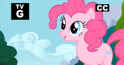 Size: 1366x719 | Tagged: safe, screencap, pinkie pie, g4, pinkie pride, fake, female, mare, solo, tv rating, tv-g