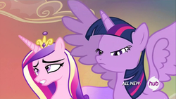 Size: 1280x720 | Tagged: safe, screencap, princess cadance, twilight sparkle, alicorn, pony, g4, three's a crowd, duo, female, mare, sisters-in-law, twilight sparkle (alicorn)