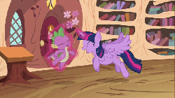 Size: 640x360 | Tagged: safe, screencap, spike, twilight sparkle, alicorn, pony, g4, three's a crowd, animated, cute, excited, female, flying, loop, magic, mare, twiabetes, twilight sparkle (alicorn)