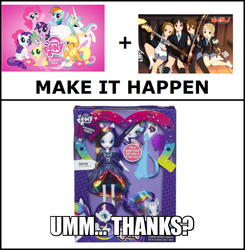 Size: 830x846 | Tagged: safe, applejack, fluttershy, pinkie pie, princess celestia, rainbow dash, rarity, twilight sparkle, equestria girls, g4, my little pony equestria girls: rainbow rocks, exploitable meme, gone horribly right, image macro, k-on, make it happen, mane six, meme