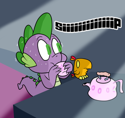 Size: 1280x1208 | Tagged: safe, peewee, spike, g4, drink, drinking, nervous, onomatopoeia, single panel, spike-replies, sweat, teacup, teapot, wide eyes