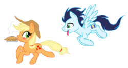 Size: 499x267 | Tagged: safe, artist:kasun05, applejack, soarin', earth pony, pegasus, pony, g4, blushing, duo, female, male, mare, pie, pie seduce, ship:soarinjack, shipping, simple background, stallion, straight, that pony sure does love pies, tongue out, transparent background