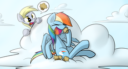 Size: 1980x1079 | Tagged: safe, artist:yoshimaru, derpy hooves, rainbow dash, pegasus, pony, g4, cloud, cloudy, eating, female, food, mare, muffin, observer, pictogram, speech bubble