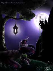 Size: 3000x4000 | Tagged: safe, artist:kitsunehino, spike, twilight sparkle, alicorn, pony, g4, canterlot, crying, female, fluffy, grass, high res, immortality blues, lamp, mare, moon, night, prone, sad, silhouette, sky, smiling, stars, tree, twilight sparkle (alicorn), twilight will outlive her friends, windswept mane