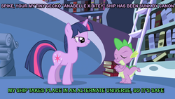 Size: 781x439 | Tagged: safe, edit, edited screencap, screencap, spike, twilight sparkle, dragon, pony, unicorn, g4, book, duo, image macro, my tiny gecko, unicorn twilight