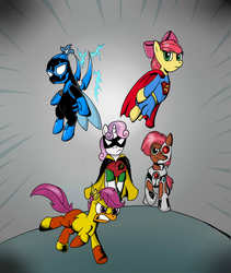 Size: 2477x2930 | Tagged: safe, artist:fimoman, apple bloom, babs seed, button mash, scootaloo, sweetie belle, g4, blue beetle, cyborg (dc comics), kid flash, parody, robin, supergirl, teen titans