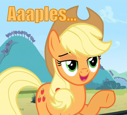 Size: 675x608 | Tagged: safe, edit, edited screencap, screencap, applejack, g4, three's a crowd, apple, bedroom eyes, caption, chowder, female, image macro, ladies, open mouth, pointing, smiling, solo, that pony sure does love apples