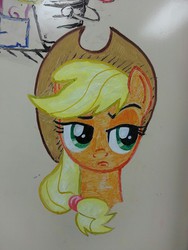 Size: 960x1280 | Tagged: safe, artist:keirish, applejack, g4, disapproval, eyebrows, female, hat, solo, suspicious face, unconvinced applejack, whiteboard