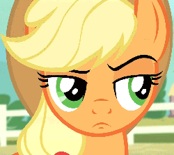 Size: 1209x1080 | Tagged: safe, screencap, applejack, earth pony, pony, g4, season 4, three's a crowd, animated, applejack judges on the outside, applejack's eyebrow, disapproval, eyebrows, female, gif, hat, mare, raised eyebrow, solo, suspicious face, unconvinced applejack