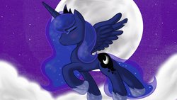 Size: 1366x768 | Tagged: safe, artist:springveil, princess luna, alicorn, pony, g4, cloud, eyes closed, female, mare, moon, night, on a cloud, profile, raised hoof, solo