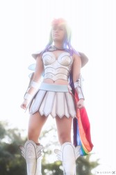 Size: 853x1280 | Tagged: safe, artist:ladymella, rainbow dash, human, g4, armor, armor skirt, belly button, clothes, cosplay, crystal guard armor, irl, irl human, legs, photo, skirt, solo