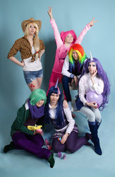 Size: 800x1230 | Tagged: safe, artist:myfuckinggod, applejack, pinkie pie, rainbow dash, rarity, spike, twilight sparkle, human, g4, balloon, cosplay, irl, irl human, photo