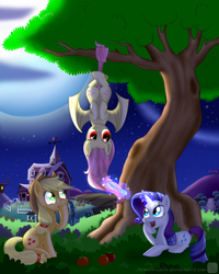 Size: 900x1125 | Tagged: safe, artist:swanlullaby, applejack, fluttershy, rarity, bat pony, pony, bats!, g4, apple, brush, flutterbat, grooming, hanging, magic, night, race swap, tree, upside down