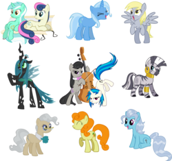 Size: 882x830 | Tagged: safe, bon bon, carrot top, derpy hooves, dj pon-3, golden harvest, lyra heartstrings, mayor mare, octavia melody, queen chrysalis, screw loose, sweetie drops, trixie, vinyl scratch, zecora, earth pony, pegasus, pony, unicorn, zebra, g4, background pony, bench, bow, cello, eyes closed, female, flutteryay, mare, musical instrument, raised hoof, simple background, sitting, transparent background, yay