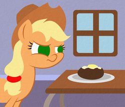 Size: 966x827 | Tagged: safe, artist:xylophon, applejack, g4, angry, apple, baked potato, butter, context is for the weak, female, french, frown, glare, potato, pun, solo, wat, window