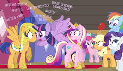 Size: 1250x720 | Tagged: safe, artist:dm29, applejack, flash sentry, pinkie pie, princess cadance, rainbow dash, rarity, twilight sparkle, alicorn, earth pony, pegasus, pony, unicorn, g4, three's a crowd, balloon, cross-eyed, crystal express, dialogue, eye contact, eyeroll, female, frown, looking back, male, mare, pounce, ship:flashlight, shipping, sisters-in-law, stallion, straight, train, twilight sparkle (alicorn), vector, wide eyes, worried