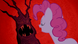 Size: 640x360 | Tagged: safe, artist:tengami, edit, edited screencap, screencap, pinkie pie, earth pony, pony, friendship is magic, g4, animated, backfire, blue background, female, laughter song, mare, red background, role reversal, scary tree, scene parody, simple background, solo, tree, wat, youtube