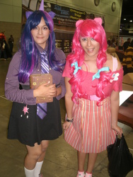 Size: 3000x4000 | Tagged: artist needed, safe, pinkie pie, twilight sparkle, human, g4, book, comikaze expo, comikaze expo 2013, convention, cosplay, irl, irl human, necktie, photo