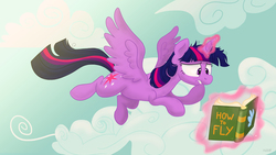 Size: 4000x2251 | Tagged: safe, artist:stratustrot, twilight sparkle, alicorn, pony, g4, book, female, flying, magic, mare, messy mane, solo, twilight sparkle (alicorn)