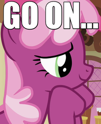 Size: 550x675 | Tagged: safe, edit, edited screencap, screencap, cheerilee, g4, hearts and hooves day (episode), caption, cropped, female, go on, hearts and hooves day, hoof on chin, image macro, reaction image, solo