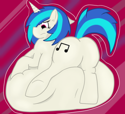 Size: 1280x1169 | Tagged: dead source, safe, artist:ask-velvet-cream, dj pon-3, vinyl scratch, g4, belly, butt, fat, female, immobile, impossibly large belly, morbidly obese, obese, plot, solo, vinyl fat, wub-tub