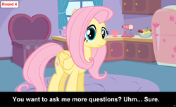 Size: 1600x973 | Tagged: safe, fluttershy, pegasus, pony, comic:celestia's servant interview, g4, caption, cs captions, female, interview, mare, meta, solo