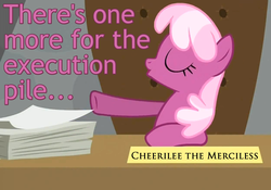 Size: 1000x700 | Tagged: safe, edit, edited screencap, screencap, cheerilee, earth pony, pony, g4, ponyville confidential, caption, chair, desk, eyes closed, female, grimlight, image macro, implied execution, paper, paperwork, solo, tyrant