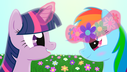 Size: 5300x3000 | Tagged: safe, artist:galekz, rainbow dash, twilight sparkle, pegasus, pony, unicorn, g4, female, flower, high res, horn, lesbian, magic, ship:twidash, shipping