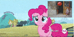 Size: 480x246 | Tagged: safe, edit, edited screencap, screencap, pinkie pie, g4, three's a crowd, animated, balloon, female, hub logo, le ballon rouge, red balloon, reference, solo, that pony sure does love balloons