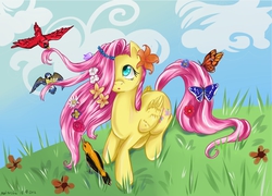 Size: 2050x1476 | Tagged: dead source, safe, artist:matrosha123, fluttershy, butterfly, g4, alternate hairstyle, animal, female, makeover, solo