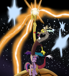 Size: 2713x2991 | Tagged: safe, artist:cpt-firespit, discord, twilight sparkle, alicorn, pony, g4, three's a crowd, female, mare, twilight scepter, twilight sparkle (alicorn)