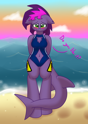 Size: 2893x4092 | Tagged: safe, artist:scramjet747, oc, oc only, oc:mayday mayday, original species, shark pony, anthro, anthro oc, beach, belly button, breasts, clothes, female, navel cutout, one-piece swimsuit, solo, swimsuit