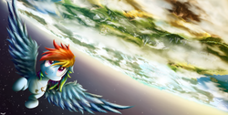 Size: 3036x1536 | Tagged: safe, artist:jasper77wang, derpy hooves, rainbow dash, pegasus, pony, g4, canterlot, crystal empire, equestria, female, flying, mare, planet, ponyville, scenery, space, upside down