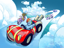 Size: 1200x900 | Tagged: safe, artist:mysweetphantom, gilda, rainbow dash, griffon, pony, g4, bipedal, car, cloud, cloudsdale, cloudy, motorcycle, race