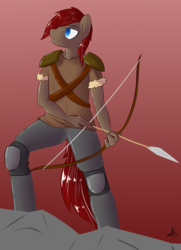 Size: 1450x2000 | Tagged: safe, oc, oc only, anthro, anthro oc, armor, arrow, bolt, bow (weapon), bow and arrow, knee pads, solo, weapon