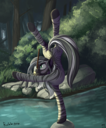Size: 2333x2800 | Tagged: safe, artist:rublegun, oc, oc only, oc:patrick poe, zebra, active stretch, backbend, balancing, contortion, contortionist, flexible, flute, forest, handstand, male, musical instrument, solo, stallion, teeth, water, yoga