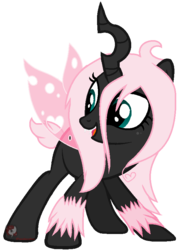 Size: 602x828 | Tagged: safe, artist:ipandacakes, oc, oc only, oc:pomf puff, changeling, hybrid, changeling oc, heart, interspecies offspring, looking back, magical lesbian spawn, offspring, older, open mouth, parent:oc:fluffle puff, parent:queen chrysalis, parents:canon x oc, parents:chrysipuff, pink changeling, simple background, smiling, solo, transparent background, vector