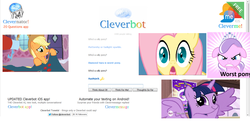 Size: 1368x716 | Tagged: safe, applejack, diamond tiara, fluttershy, pony, g4, three's a crowd, cleverbot, female, meme, text, twiface, who's a silly pony, worst pony