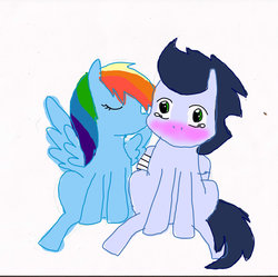 Size: 1024x1019 | Tagged: safe, artist:1231redflame, rainbow dash, soarin', g4, blushing, cheek kiss, female, kissing, male, ship:soarindash, shipping, straight