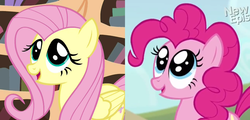 Size: 1036x498 | Tagged: safe, fluttershy, pinkie pie, g4, pinkie apple pie, three's a crowd, comparison, cute, diapinkes, eye shimmer, shyabetes, weapons-grade cute