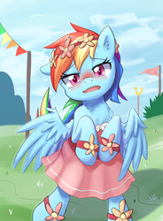 Size: 737x1000 | Tagged: safe, artist:aymint, rainbow dash, pegasus, pony, g4, rainbow falls, bipedal, blushing, cheerleader, clothes, cute, dashabetes, dress, embarrassed, explicit source, female, flower, flower in hair, grass, grass field, jewelry, looking at you, mare, open mouth, pink, pixiv, rainbow dash always dresses in style, scene parody, skirt, solo, spread wings, wings