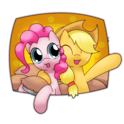 Size: 1120x1120 | Tagged: safe, artist:hoyeechun, applejack, pinkie pie, g4, ^^, blush sticker, blushing, bust, duo, eyes closed, eyes open, food, happy, hug, pie, raised hoof, side by side, simple background, smiling, transparent background