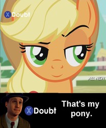Size: 1084x1300 | Tagged: safe, applejack, g4, three's a crowd, button, cole phelps, doubt, funny, hat, inverted mouth, l.a. noire, photoshop, press x to doubt, suspicious face, that's my pony, unconvinced applejack, x