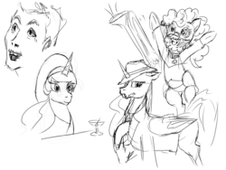 Size: 800x600 | Tagged: safe, artist:archonix, pinkie pie, princess celestia, princess luna, g4, beard, martini, monochrome, musical instrument, nicolas cage, sketch, star trek, trombone, william riker