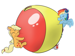 Size: 3000x2250 | Tagged: safe, artist:ramott, part of a set, applejack, rainbow dash, pony, g4, balloon, balloon popping, party balloon, prank