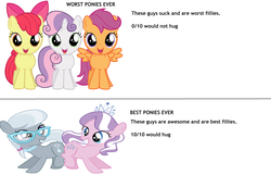 Size: 1600x1146 | Tagged: safe, apple bloom, diamond tiara, scootaloo, silver spoon, sweetie belle, g4, best pony, cutie mark crusaders, fail, glasses, image macro, meme, op is on drugs, worst pony