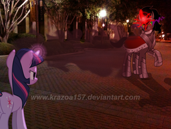 Size: 1280x960 | Tagged: safe, artist:eytosh, artist:krazoa157, artist:legat-bf, king sombra, twilight sparkle, g4, building, irl, light post, magic, night, outdoors, photo, ponies in real life, tree, vector