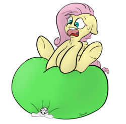 Size: 2600x2570 | Tagged: safe, artist:ramott, angel bunny, fluttershy, pegasus, pony, g4, balloon, balloon riding, ears back, floppy ears, open mouth, riding